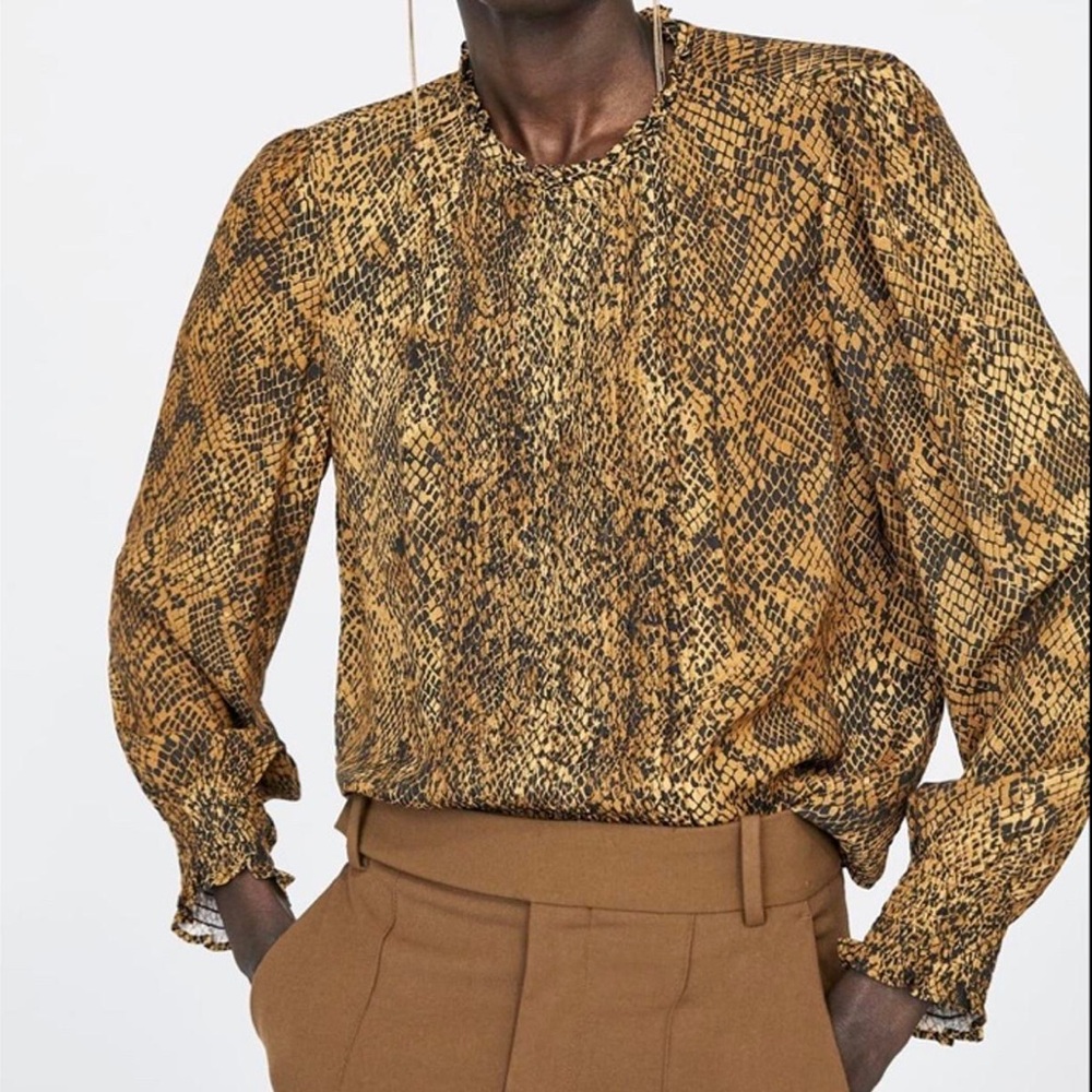 Zara Snake Print Blouse in Tan Brown and Black Size Small